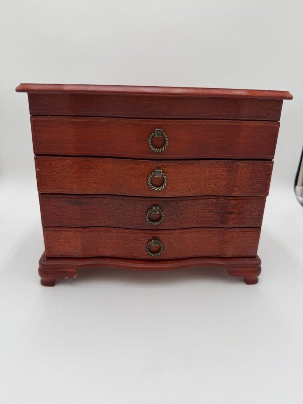Wooden Jewelry Box With Four Drawers Mirrored Lid & Felt Lining - Vintage Look